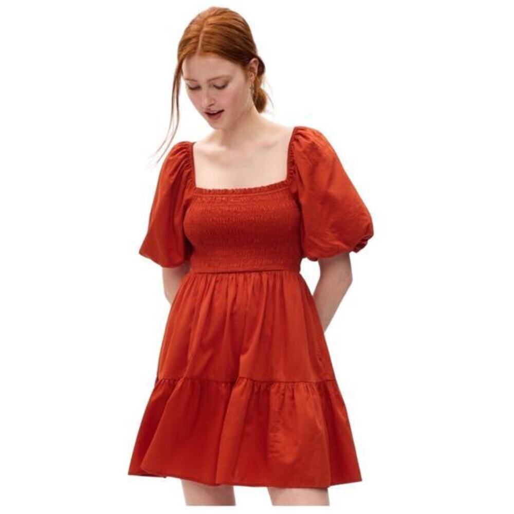 Gap Rust Red Puff Sleeve Smocked Cotton Mini Dress NWT XS